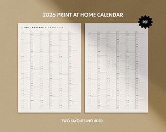 2026 Print At Home Wall Calendar PDF | Printable Year At A Glance | Minimalist Wall Planner Pages | A4 | US Letter | Instant Download