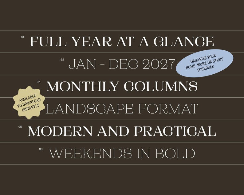2027 Printable Yearly Wall Planner | Minimal A2 & A1 Landscape Calendar | 365 Days At A Glance | Instant PDF Download image 5