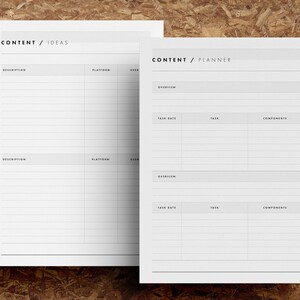 May include: A printable content planner and ideas worksheet. The planner has sections for task date, task, and components. The ideas worksheet has sections for description, platform, and user.