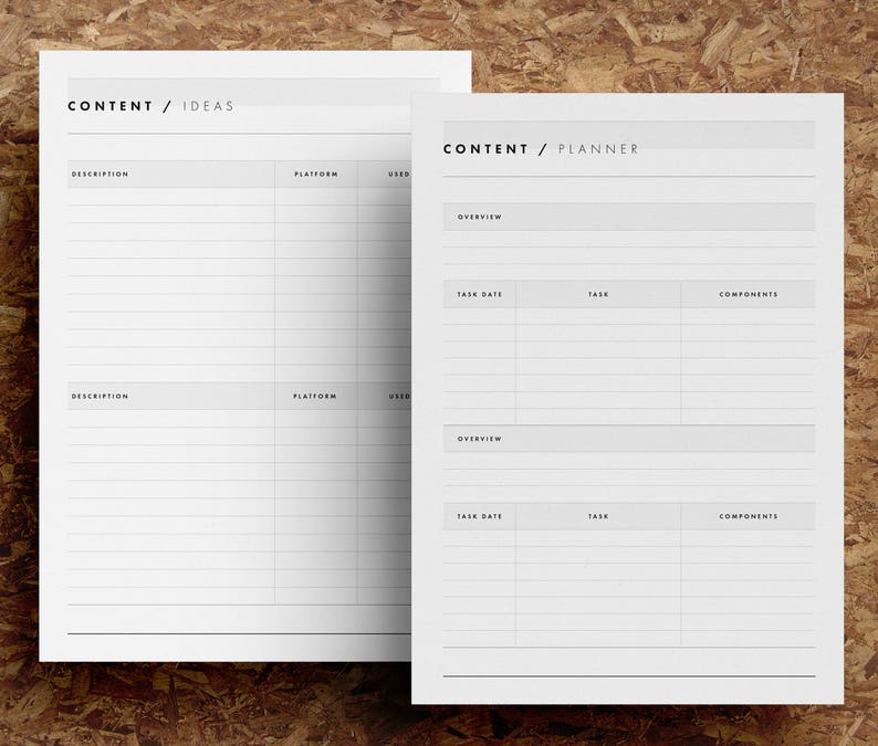 May include: A printable content planner and ideas worksheet. The planner has sections for task date, task, and components. The ideas worksheet has sections for description, platform, and user.