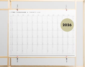 2026 Printable Yearly Wall Planner | Minimal A2 & A1 Landscape Calendar | 365 Days At A Glance | Instant PDF Download