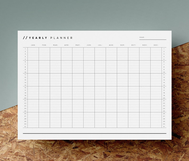 Open Dated Yearly Planner Printable Any Year Calendar 12 Month Overview Minimalist Black White A4 US Letter Instant Download image 1