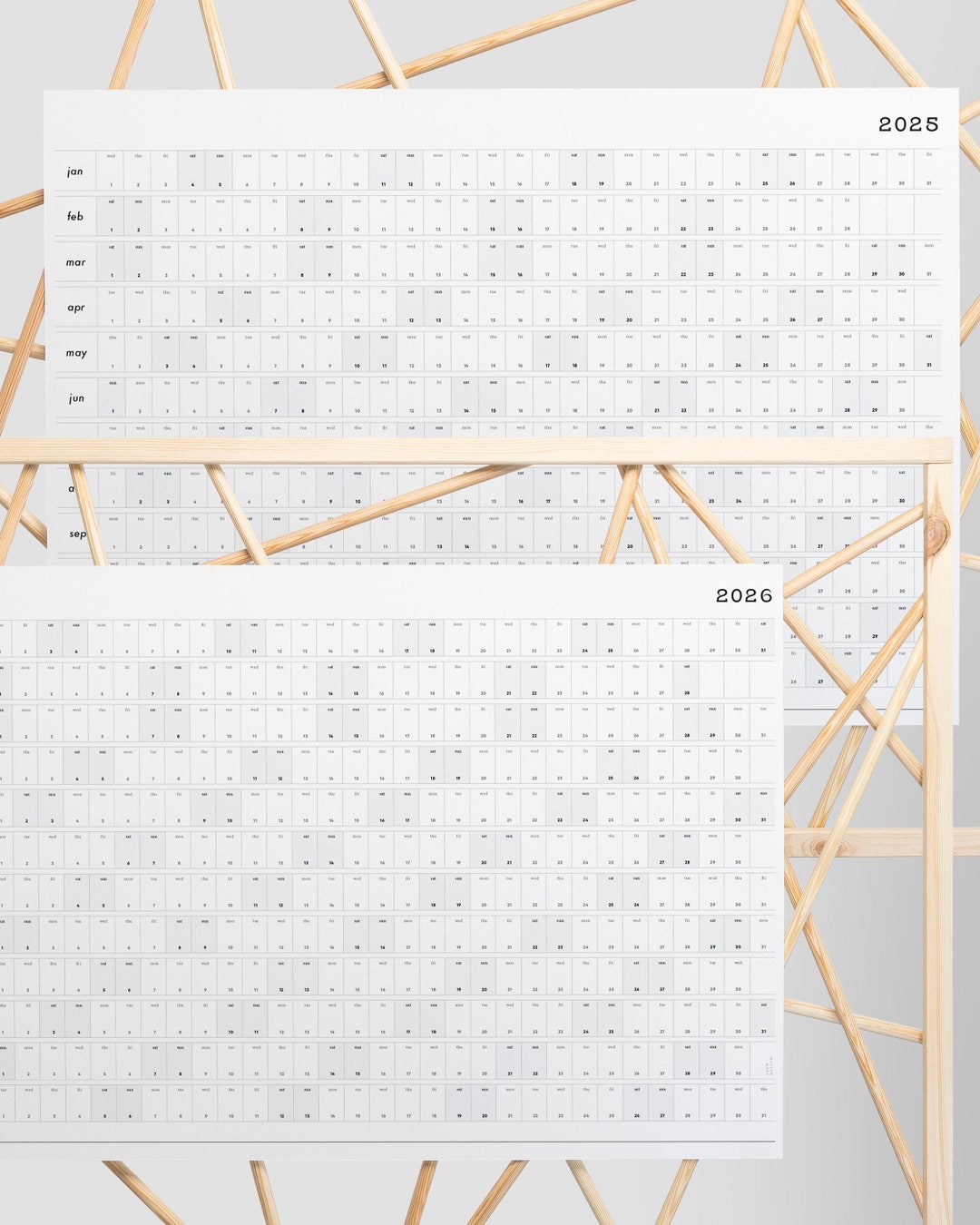 Printable PDF 2025 + 2026 Box Wall Planner Duo Black Grey Minimal