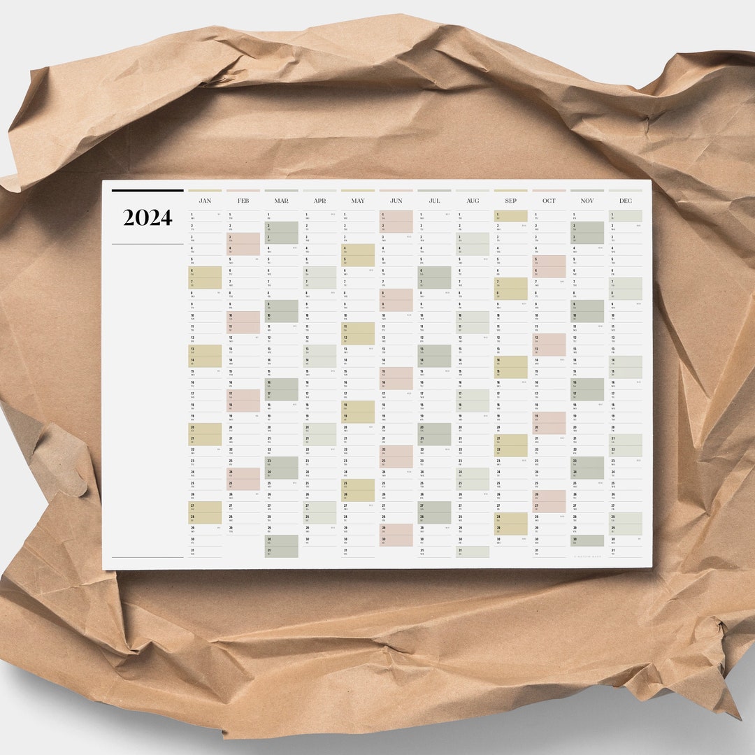 Printable PDF A2 & A1 Yearly Landscape Wall Planner 2024 Full Year ...