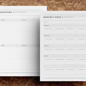 May include: A printable worksheet for tracking social media statistics. The worksheet includes sections for Facebook, Instagram, Pinterest, and Twitter. Each section has columns for monthly goal, starting number, end of month, and difference.