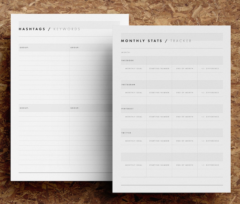May include: A printable worksheet for tracking social media statistics. The worksheet includes sections for Facebook, Instagram, Pinterest, and Twitter. Each section has columns for monthly goal, starting number, end of month, and difference.