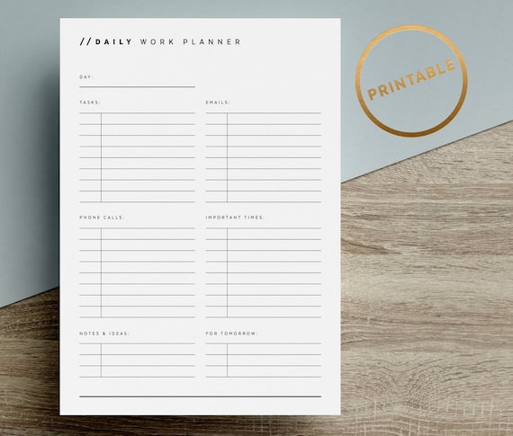 Daily Work Planner Printable | To Do List Inserts | Office Agenda | Minimal Schedule | Black White | A4 | A5 | US Letter | Instant Download