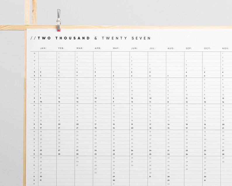 2027 Printable Yearly Wall Planner | Minimal A2 & A1 Landscape Calendar | 365 Days At A Glance | Instant PDF Download image 2