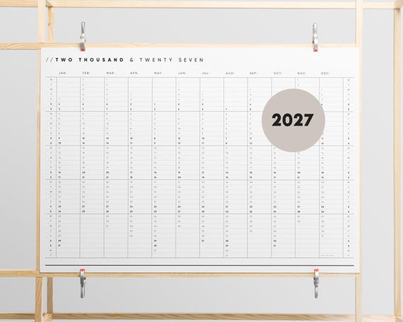 2027 Printable Yearly Wall Planner | Minimal A2 & A1 Landscape Calendar | 365 Days At A Glance | Instant PDF Download