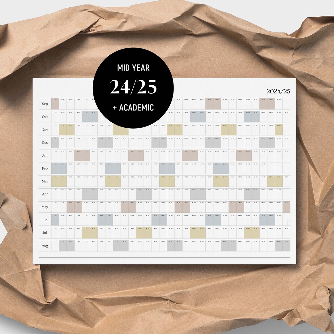 Printable PDF | A2 & A1 Academic Mid Year Calendar | 2024-2025 Landscape Box Wall Planner ...
