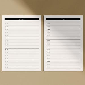 May include: Two open planner pages with the months of January and April displayed. Each page has a black header with the month's name in white text. The pages are filled with horizontal lines for writing, with the days of the month listed on the left.
