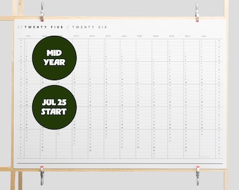 Printable 2025-2026 Mid Year Wall Planner | Minimal Yearly Overview | July Start | A2 & A1 Landscape Calendar | Office Planner
