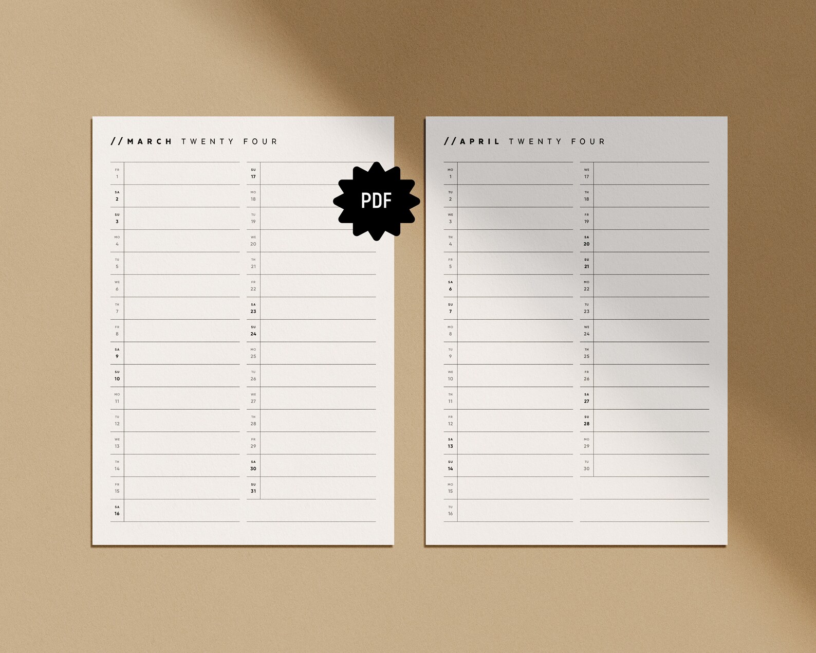 2024 Monthly Minimal Line Calendar Printable PDF 12 Month Planner A4 US ...