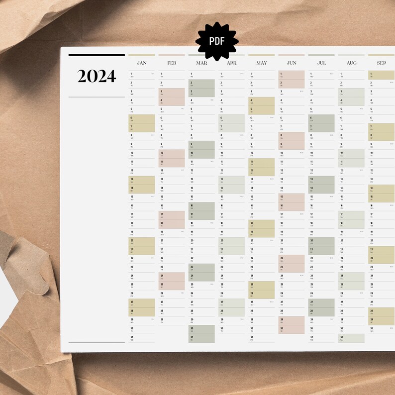 Printable PDF A2 & A1 Yearly Landscape Wall Planner 2024 Full Year ...