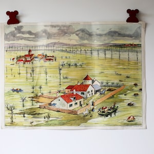Mappa scolastica vintage Rossignol "Inondazione" e "Estuario" - Poster scolastico francese fronte-retro - Poster pedagogico illustrato degli anni '60