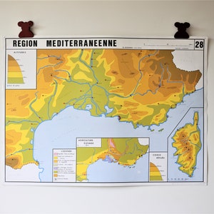 Mappa scolastica vintage Rossignol "Zona sud-est" e "Zona mediterranea" - Poster scolastico francese fronte-retro - Poster pedagogico illustrato