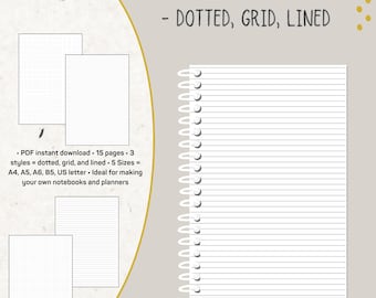 US letter A4 B5 A5 A6 Paper Bundle, Dot Grid, Lined, Grid (PDF Printable)
