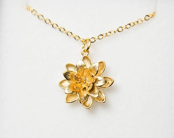 Lotus necklace. Gold flower necklace. Gold lotus necklace.