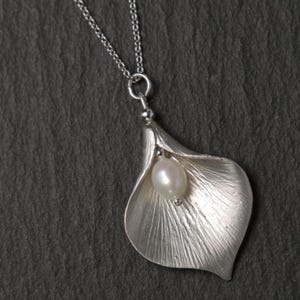 Silver Lily Necklace with Freshwater Pearl. Silver Pearl Necklace. Silver Flower Necklace. Silver Pendant Necklace.