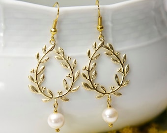 Gold Laurel Earrings, with Swarovski pearls. Gold flower earrings. Gold Pearl Earrings. Gold leaf earrings.