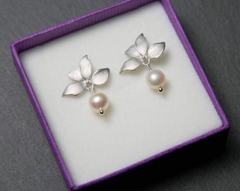 Silver Orchid Studs, Flower stud earrings, Silver pearl earrings, Orchid earrings, stud earrings, bridal earrings, wedding jewellery.