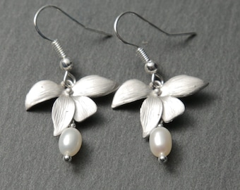 Silver Orchid Earrings with Freshwater Pearls. Silver Flower Earrings. Silver Pearl Earrings.