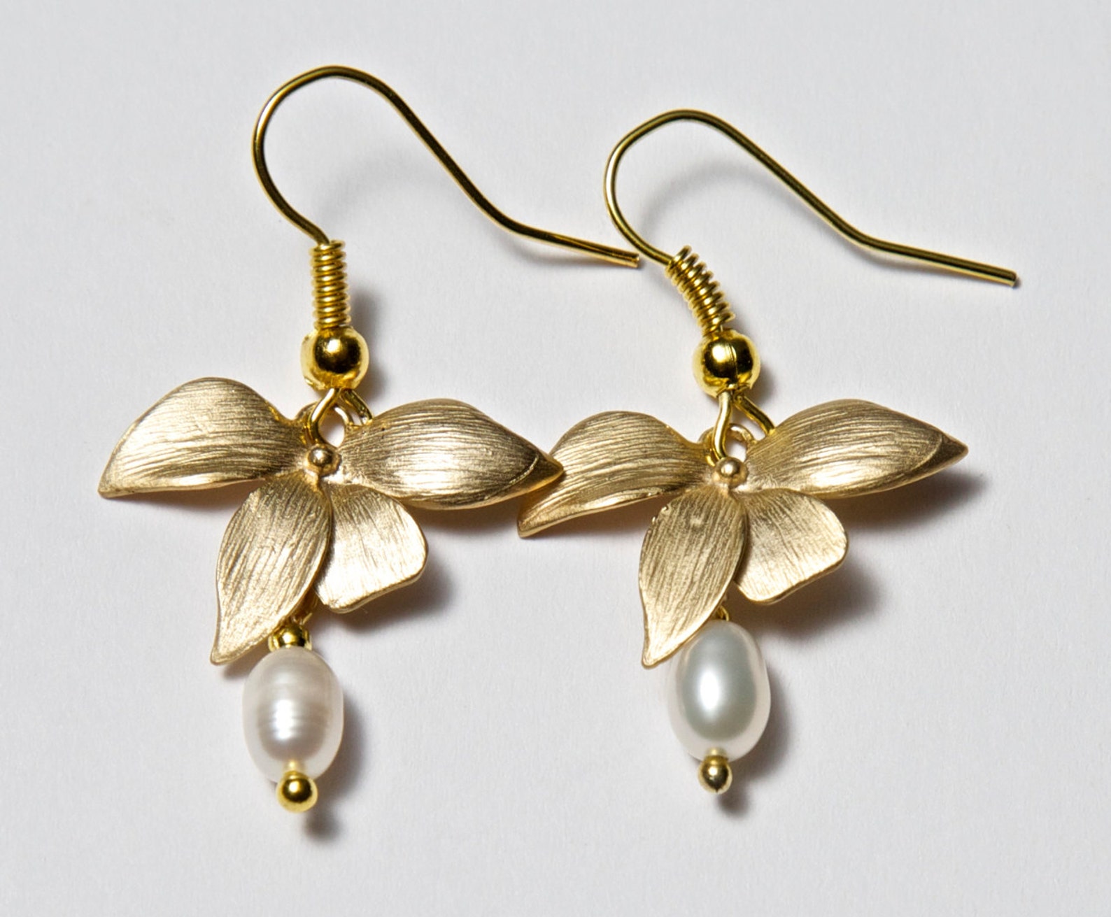 Gold Orchid Earrings With Freshwater Pearls. Pearl Earrings. Etsy