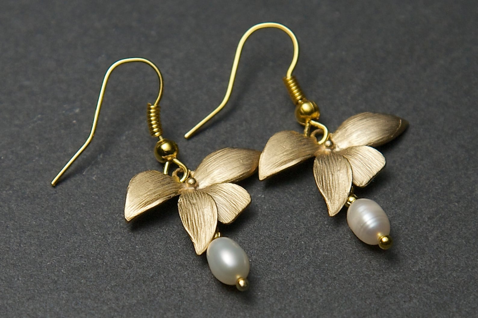 Gold Orchid Earrings With Freshwater Pearls. Pearl Earrings. Etsy