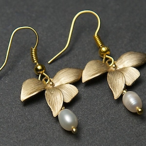 Gold Orchid Earrings With Freshwater Pearls. Pearl Earrings. Orchid Earrings. Gold Flower Earrings. Freshwater Pearl Earrings.