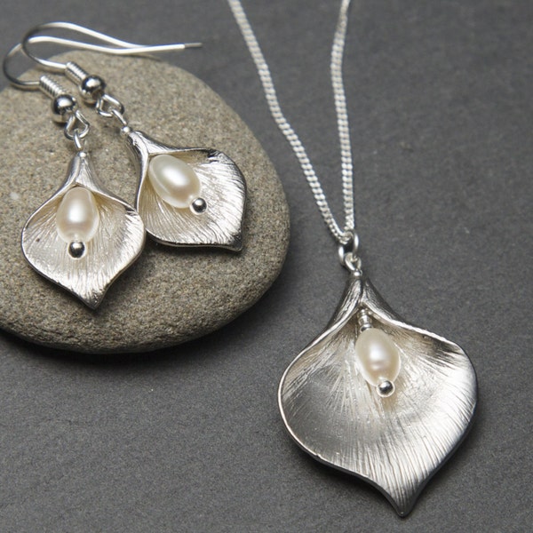 Silver Pearl Jewellery Set - Calla Lily earrings and necklace with freshwater Pearls.