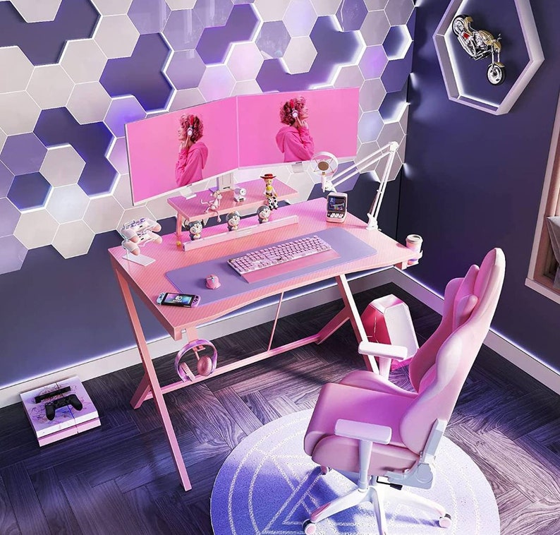 Pink Computer Desk Workstation Gaming Station Etsy