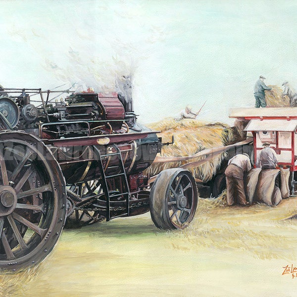 Steam Traction Engine Threshing Print from Original Painting,Artist Zoe Lawrence-Ltd Edition Archival Pigment Print-Authenticity Certificate