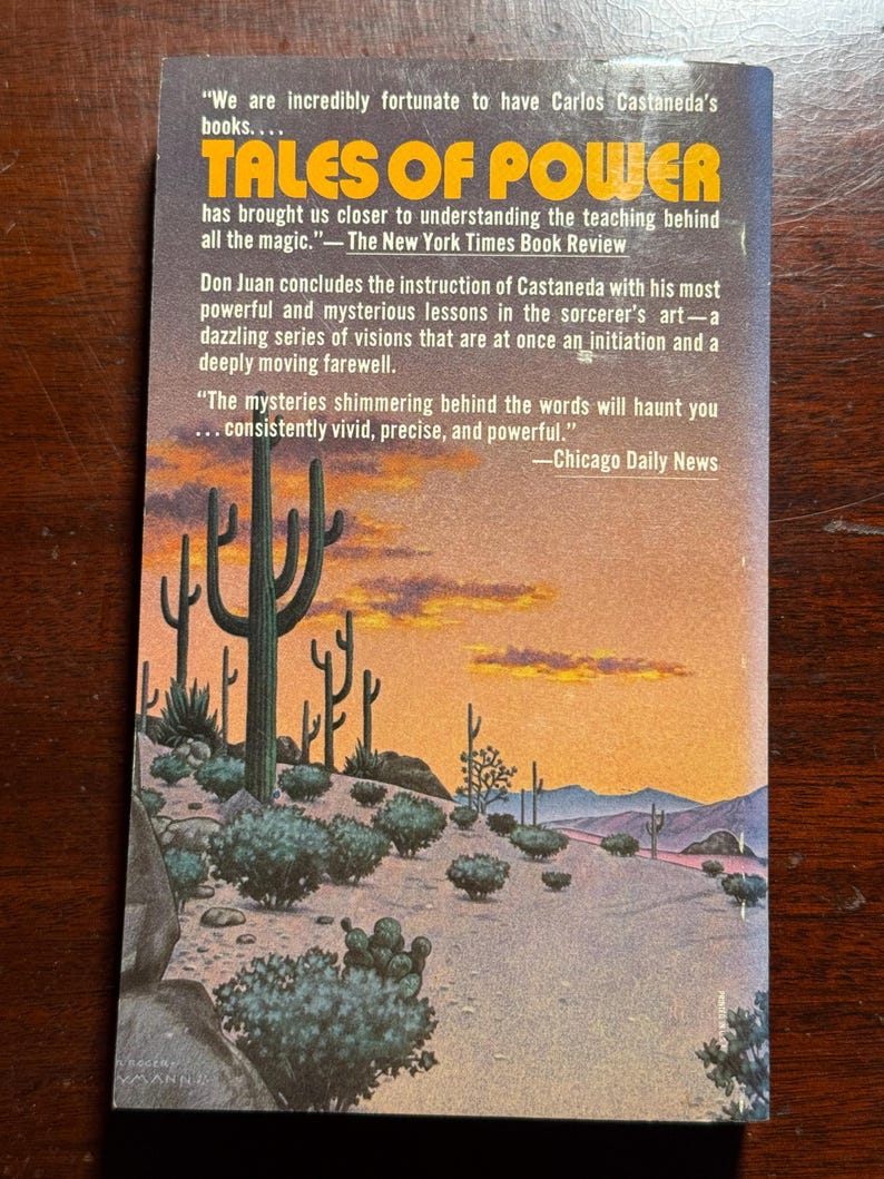 May include: A book cover with a desert landscape featuring a sunset and cacti. The title of the book is "Tales of Power" and the text on the cover includes quotes from The New York Times Book Review and Chicago Daily News.