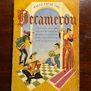 May include: A vintage book cover with a yellow background and a red archway. The book title is "Decameron" in large, red letters. The cover features a scene with three people in medieval clothing, a checkered floor, and a red and white striped rug.