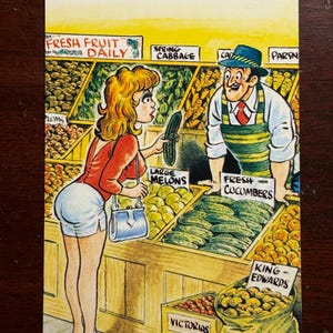 May include: Vintage postcard illustration of a woman and a shopkeeper in a fruit and vegetable market. The woman holds a cucumber, and the shopkeeper smiles. Text includes "Fresh Fruit Daily" and "Fresh Cucumbers."