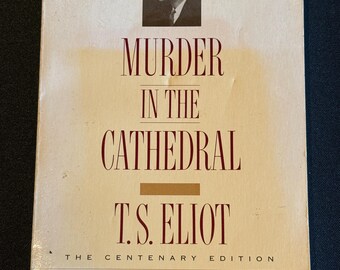 May include: A vintage book cover with a tan background and gold lettering. The title is "Murder in the Cathedral" by T.S. Eliot. The cover also features a black and white photo of T.S. Eliot.