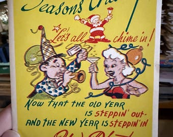 Season’s Greetings New Year’s Party Celebration Vintage Unused Greeting Card