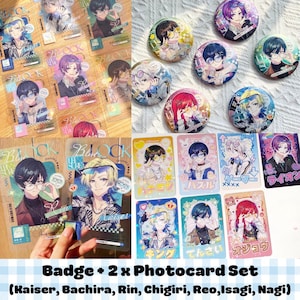 Jeu de 2 épingles de verrouillage bleues et de 2 cartes photo holographiques — Isagi, Nagi, Rin, Kaiser, Bachira, Chigiri, Reo, Sae | Badge bleu cadenas Kunigami Barou Ryusei