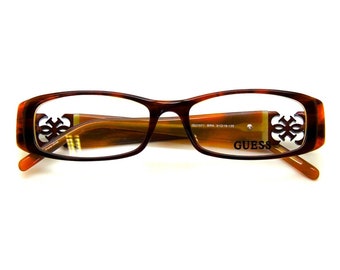 Slimeline Prescription Glasses By GUESS GU1571 Brown Acrylic Rectangular Eyewear With Logo Detail on Arms - stunning!