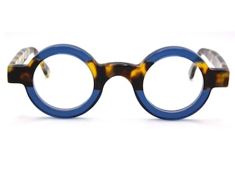 True Round Thick Rim Schnuchel 4030 Handmade Eyewear In Tortoiseshell Effect And Blue Or Green Finish 37mm Or 43mm Eye Sizes B834/842