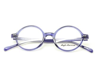 Gafas graduadas redondas Anglo American modelo 400 en acetato azul, tamaño de ojo 42 mm.