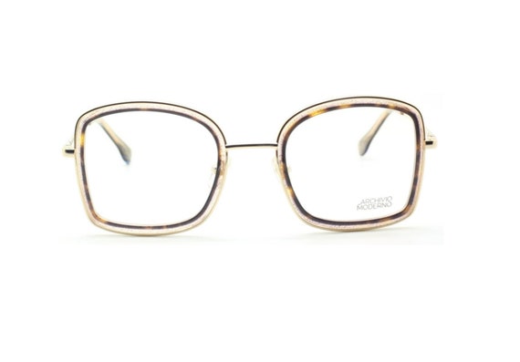 Glasses With GLITTER! Oversized 7009 By Archivio Moderno Eyewear In A Gold Square Style With Tortoiseshell Effect Acetate Inserts B406