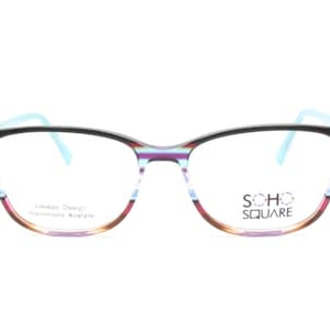 May include: A pair of black and blue striped eyeglasses with a clear lens. The frame is made of acetate and has a Soho Square logo on the right temple. The text "London Design Handmade Acetate" is printed on the left temple.