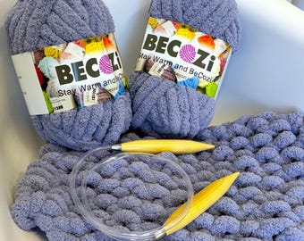 DIY KIT for a blanket, Chunky Chenille yarn. Chunky Yarn and Big Needles, Gift, Birthday gift, Gift for her