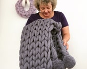 Chunky knit blanket, Merino wool blanket with Pom poms, Merino Wool Throw, Giant knit blanket, Chunky Merino blanket, blanket