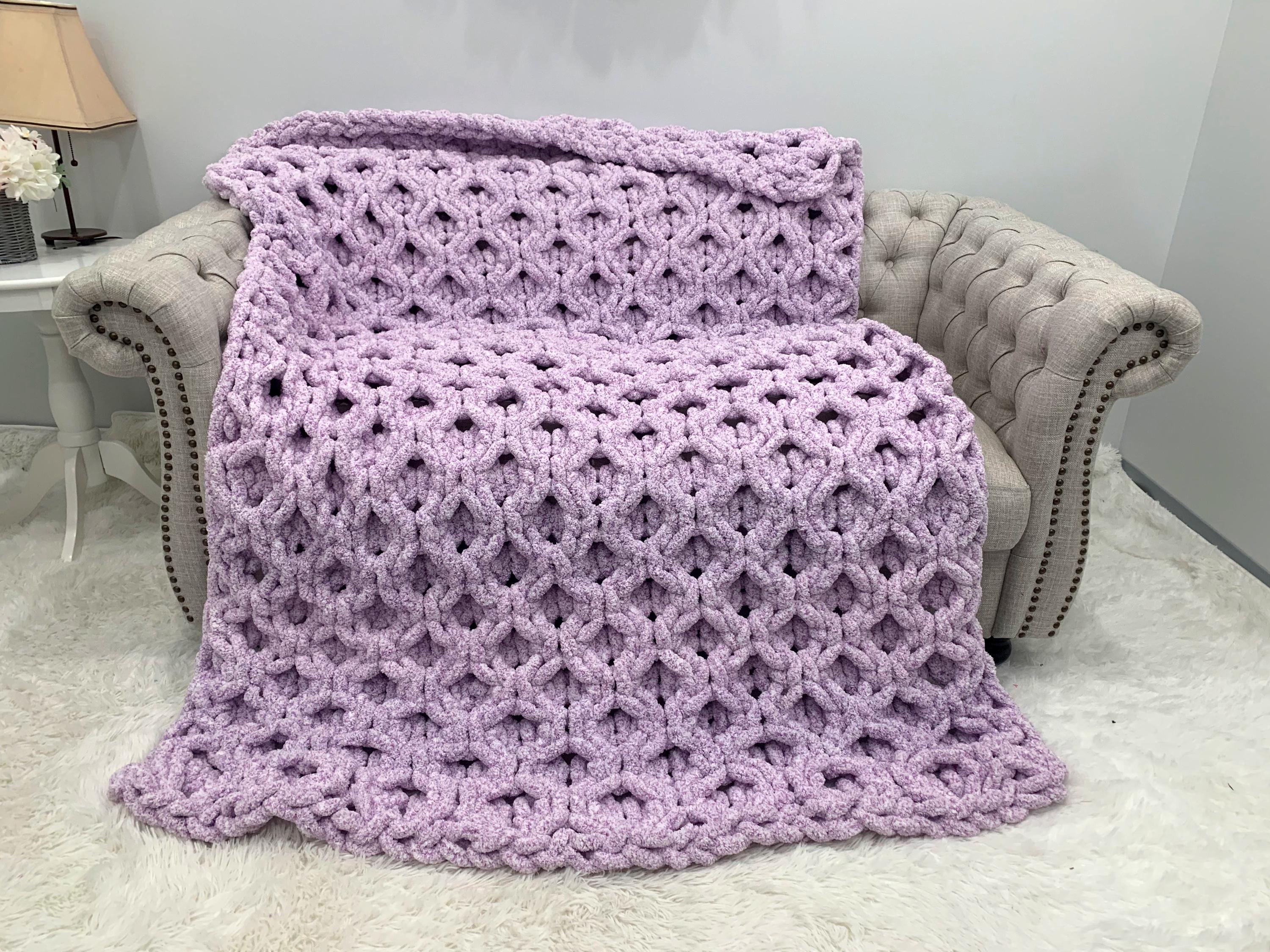 Blanket, Hand Knit, Chunky Chenille Throw, Honeycomb Pattern, Gift for her