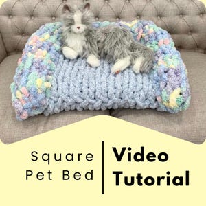 May include: A square pet bed made of chunky knit yarn in a light blue color with a colorful border. The bed is on a light gray couch and a gray cat is lying on top of it. The text "Square Pet Bed" and "Video Tutorial" is on the bottom of the image.