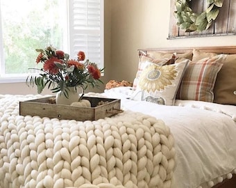 Chunky Knit Blanket,Arm knit blanket, Merino wool blanket, Giant knit Throw,