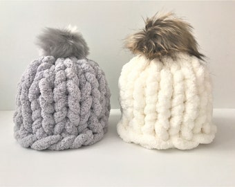 Kit de tejido DIY, kit de tejido a mano, kit de gorro de punto grueso, gorro de chenilla suave con pompón