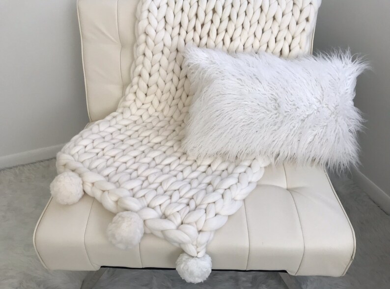 Chunky Knit Blanket Merino Wool Blanket With Pom Poms Merino Etsy